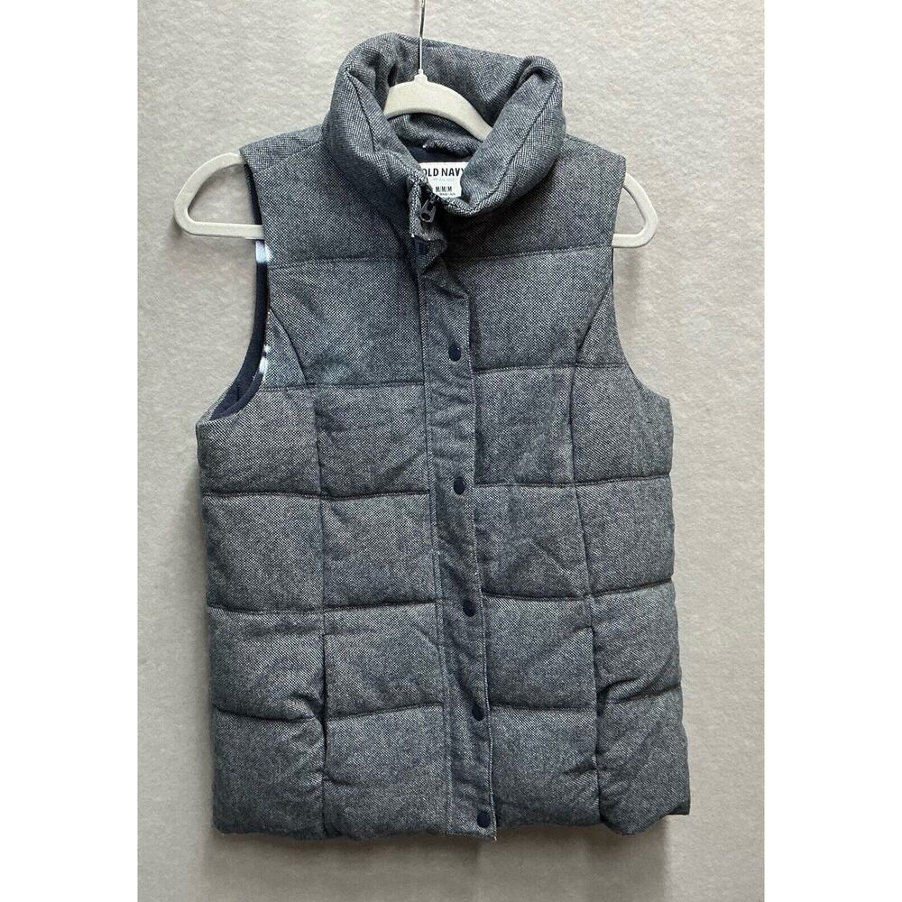 Old Navy Women’s Tweed Puffer Vest Jacket Grey Zip Snap‎ M